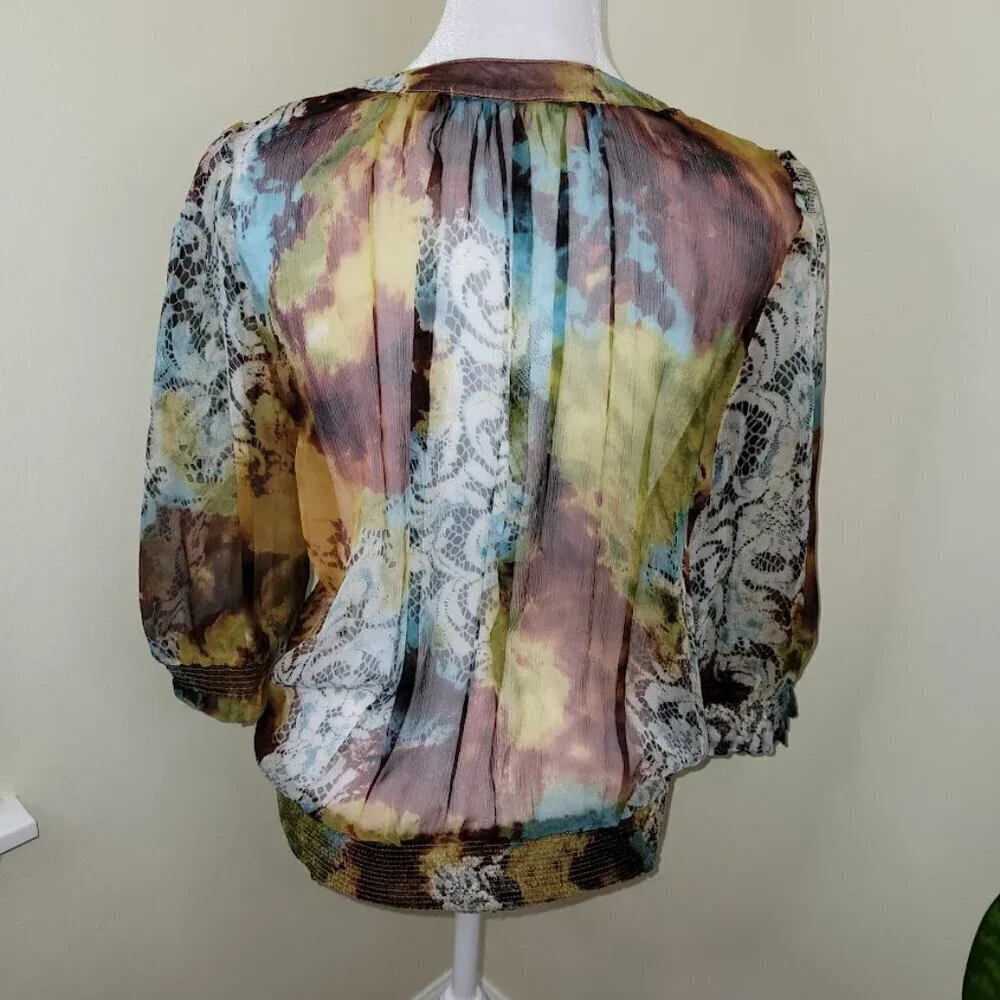 Everest Apparel 100% Silk Blouse Sheer Multicolored Elastic Waist Top Size S - Picture 6 of 14